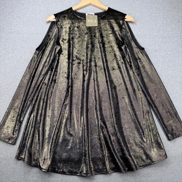 Show Me Your Mumu Gold Metallic Black Cold Shoulder Teddy Tunic XS Party Shiny - Picture 1 of 12
